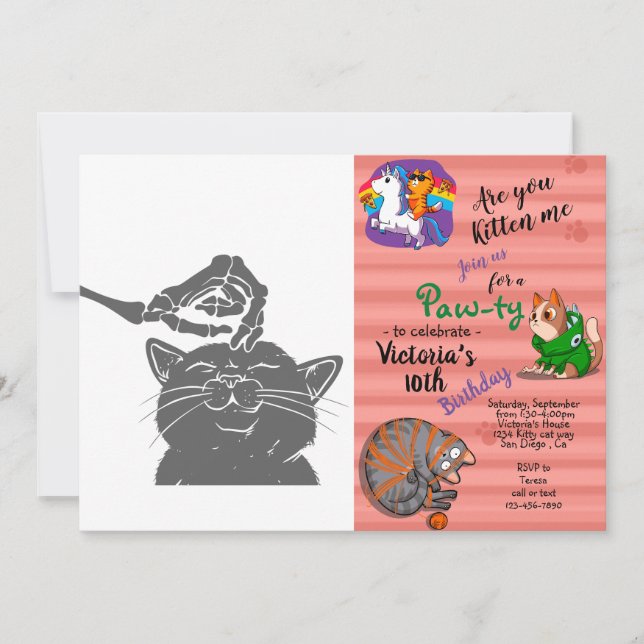 Katt med människo skelett hand - Välj bakgrundsfär Inbjudningar (Framsida)