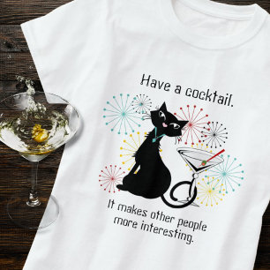 Katt med Martini Glass T-Shirt