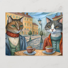 Katt med mat i en café helg vykort