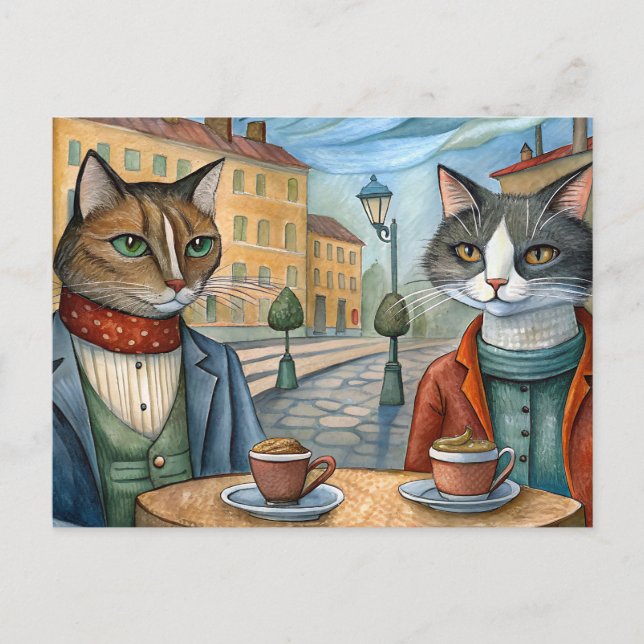 Katt med mat i en café helg vykort (Framsida)