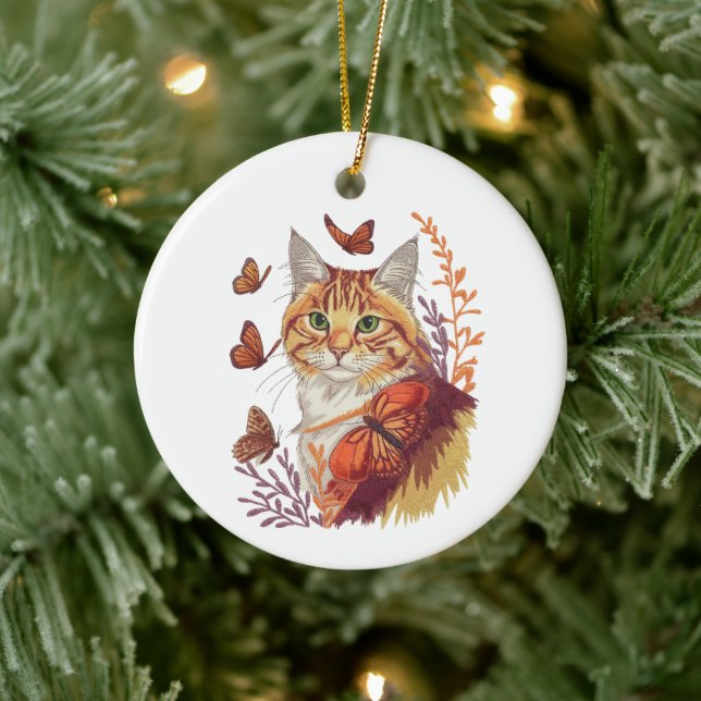 Katt med Monarch Butterflies Julgransprydnad Keramik (Träd)