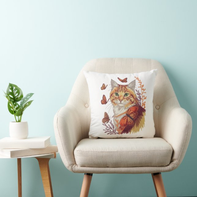 Katt med Monarch Butterflies Kudde (Stol)