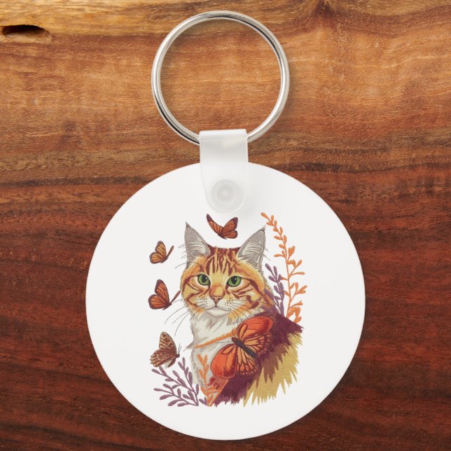 Katt med Monarch Butterflies Nyckelring (Framsida)