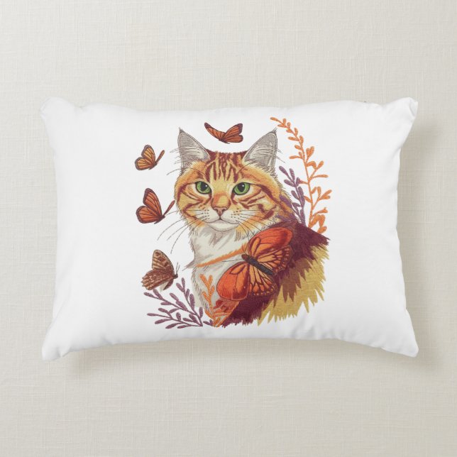 Katt med Monarch Butterflies Prydnadskudde (Framsidan)