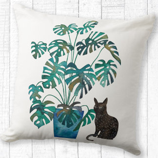 Katt med Monstera Plant Watercolor Kudde