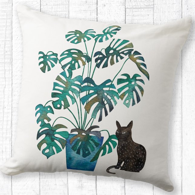 Katt med Monstera Plant Watercolor Kudde (Cat with Swiss Cheese Plant watercolor art throw pillow)