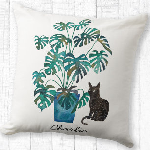 Katt med Monstera Plant Watercolor Personlig Kudde