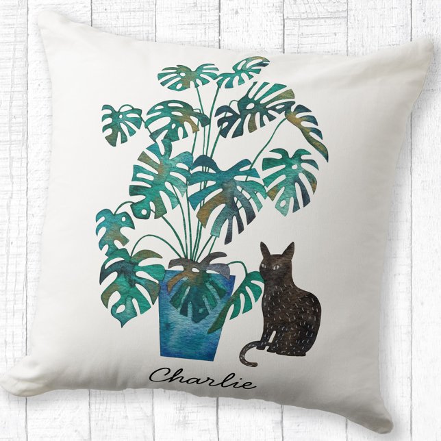 Katt med Monstera Plant Watercolor Personlig Kudde (Cat with Monstera Swiss Cheese Plant watercolor personalized name throw pillow)