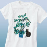 Katt med Monstera Plant Watercolor T Shirt<br><div class="desc">Modern vattenfärgsmålning av en liten svart katt sitta av en Monstera Deliciosa- eller schweizerost-fabrik i en turkosblå pott. Originalkonst av Nic Squirrell. Underbar för katt och husdjur i älskare.</div>