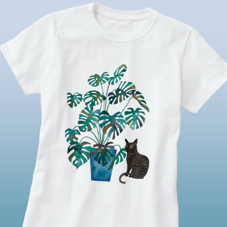Katt med Monstera Plant Watercolor T Shirt