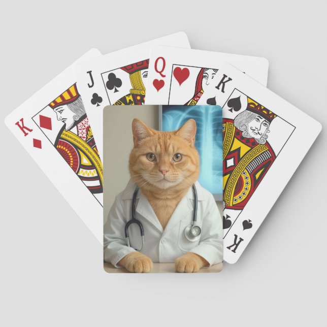 Katt med orange päls iförd läkarrock casinokort (Baksidan)