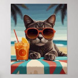 Katt med orange saft på stranden poster