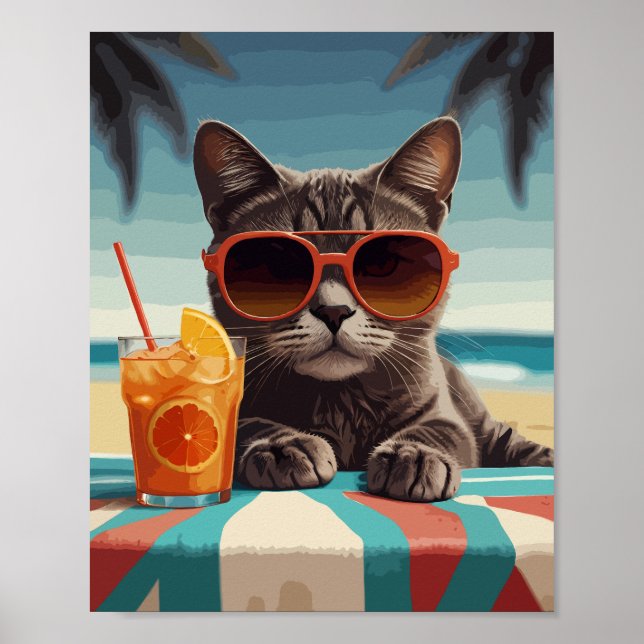 Katt med orange saft på stranden poster (Framsidan)