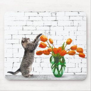 Katt med Orange Tulip Bouquet Mousepad Musmatta