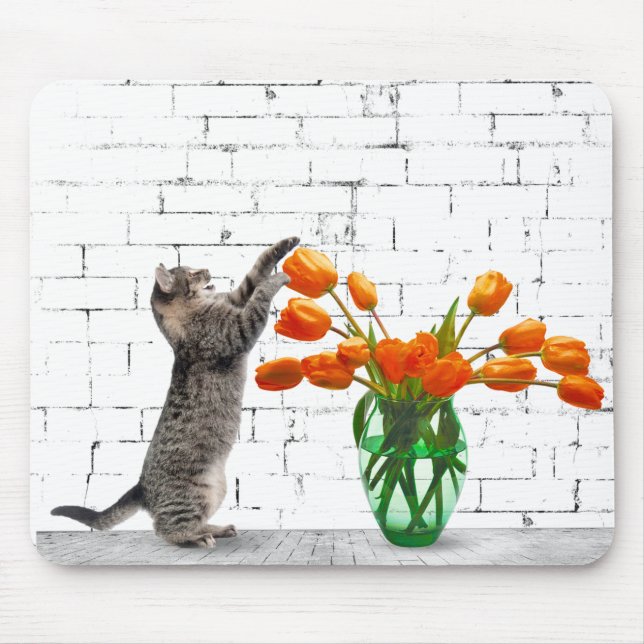 Katt med Orange Tulip Bouquet Mousepad Musmatta (Framsidan)