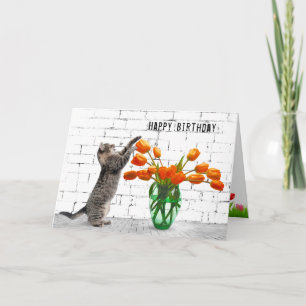 Katt med Orange Tulips Birthday Kort