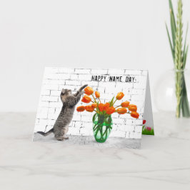 Katt med Orange Tulips Namn Day Kort