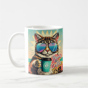 Katt med överdimensionerade solglasögon och kaffe kaffemugg