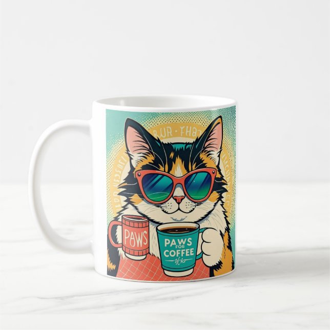 Katt med överdimensionerade solglasögon och kaffe kaffemugg (Vänster)