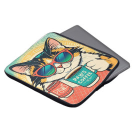 Katt med överdimensionerade solglasögon och kaffe laptop fodral