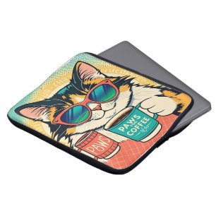Katt med överdimensionerade solglasögon och kaffe laptop fodral