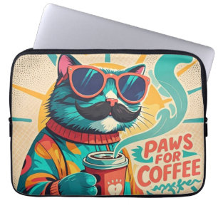 Katt med överdimensionerade solglasögon och kaffe laptop fodral