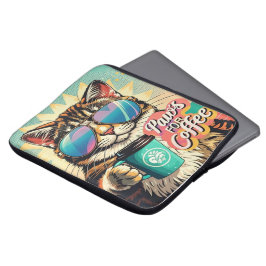 Katt med överdimensionerade solglasögon och kaffe laptop fodral