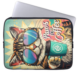 Katt med överdimensionerade solglasögon och kaffe laptop fodral