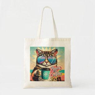 Katt med överdimensionerade solglasögon och kaffe tygkasse