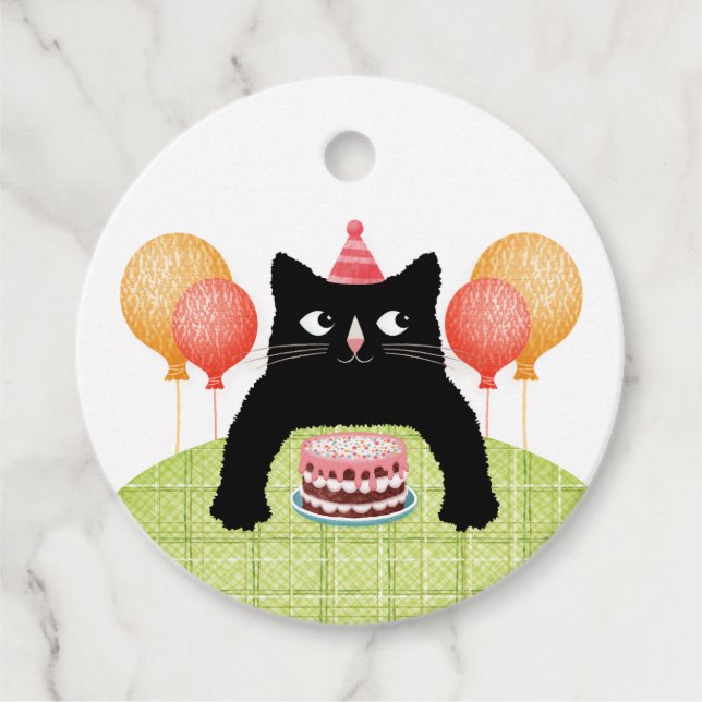 Katt med party hatt och födelsedagskalas gåvor etiketter (Framsida)