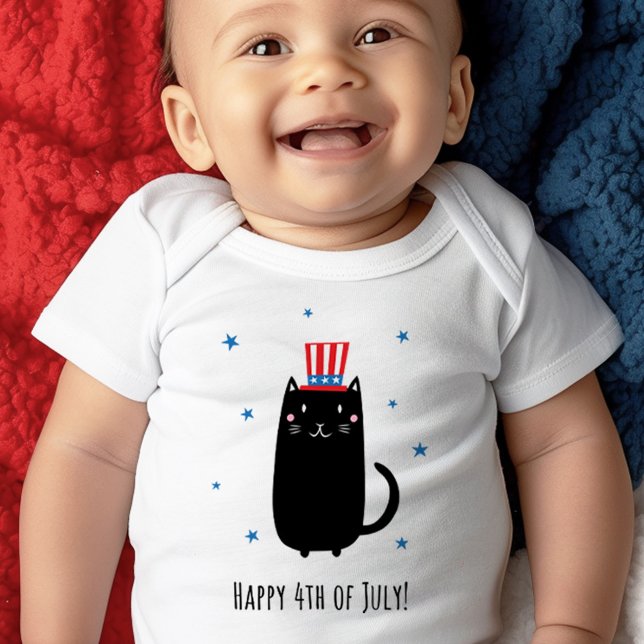 Katt med patriotisk hatt, Lycklig 4 juli T Shirt (Cat wearing a patriotic hat, Happy 4th of July Baby Bodysuit)