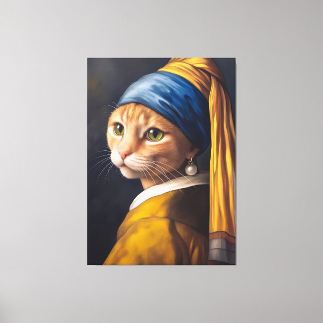 Katt med Pearl Earring | Funny Vermeer Parody Canvastryck (Framsida)
