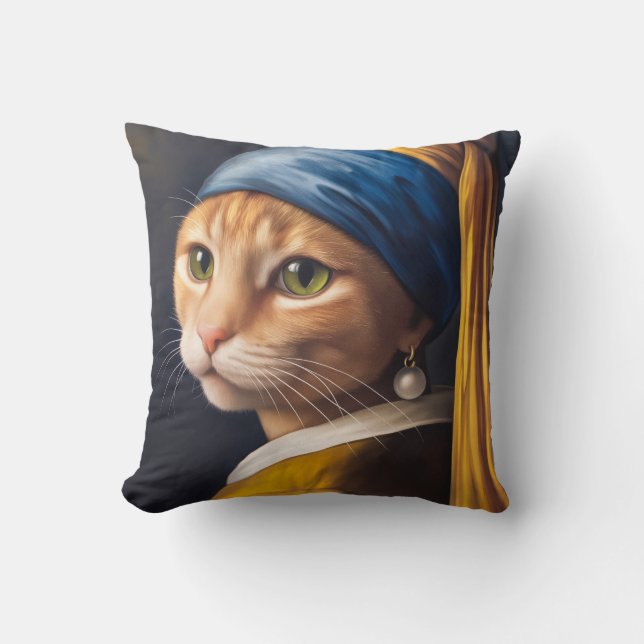 Katt med Pearl Earring | Funny Vermeer Parody Kudde (Framsida)