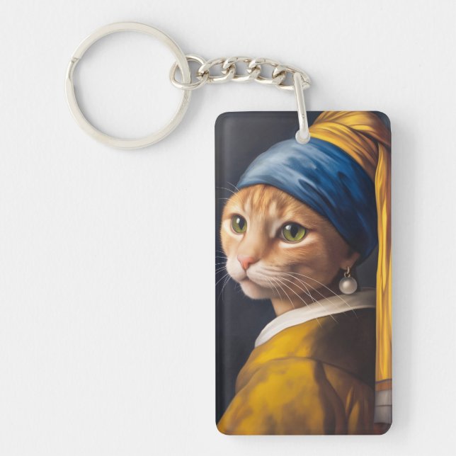 Katt med Pearl Earring | Funny Vermeer Parody Nyckelring (Framsidan)