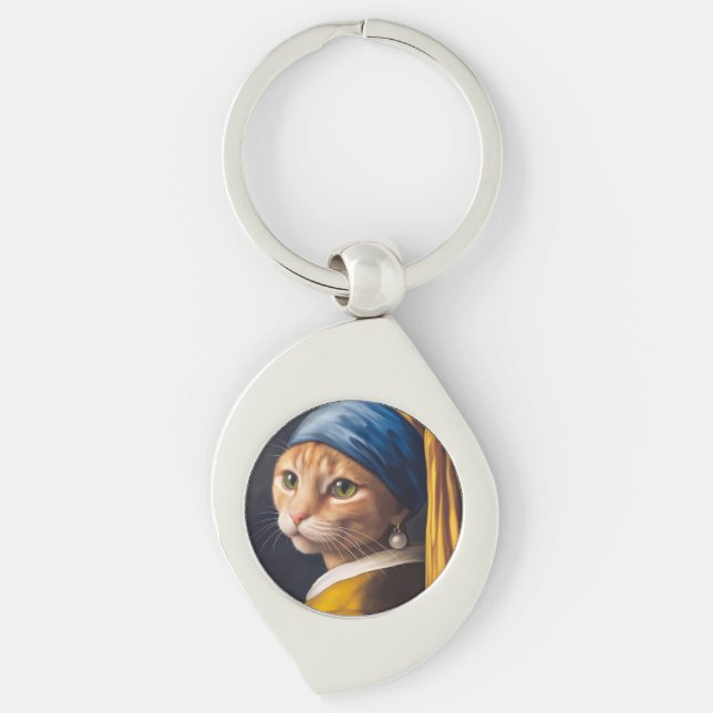 Katt med Pearl Earring | Funny Vermeer Parody Swirl Silverfärgad Nyckelring (Framsidan)