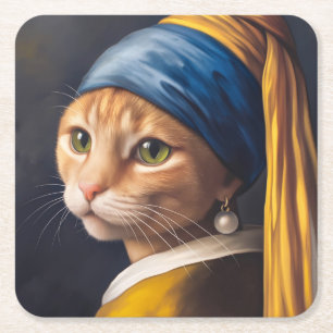 Katt med Pearl Earring Funny Vermeer Parody Underlägg Papper Kvadrat