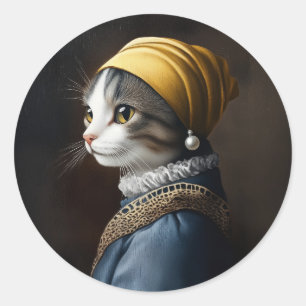 Katt med Pearl Earring Runt Klistermärke