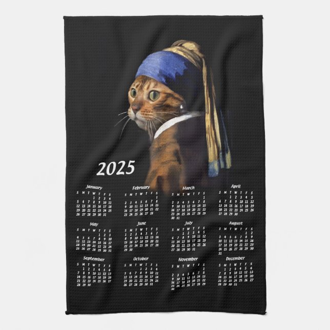 Katt med Pearl Earring Vermeer Painting 2025 Calen Kökshandduk (Vertikal)