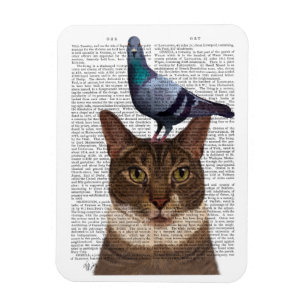 Katt med Pigeon på huvud Magnet
