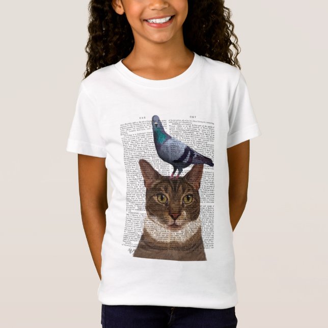 Katt med Pigeon på huvudet T Shirt (Framsida)