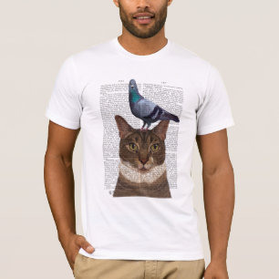 Katt med Pigeon på huvudet T Shirt