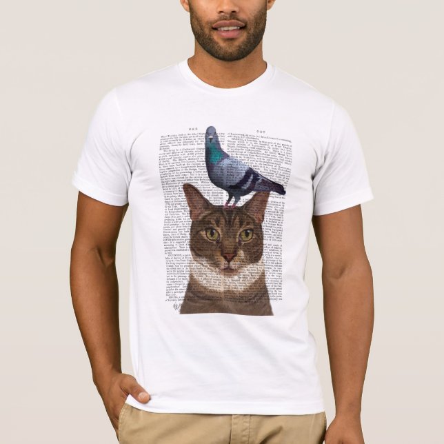 Katt med Pigeon på huvudet T Shirt (Framsida)