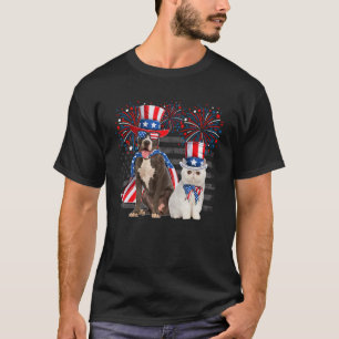 Katt med Pit Bull Sunglass Amerikanska Flagga 4:e T Shirt