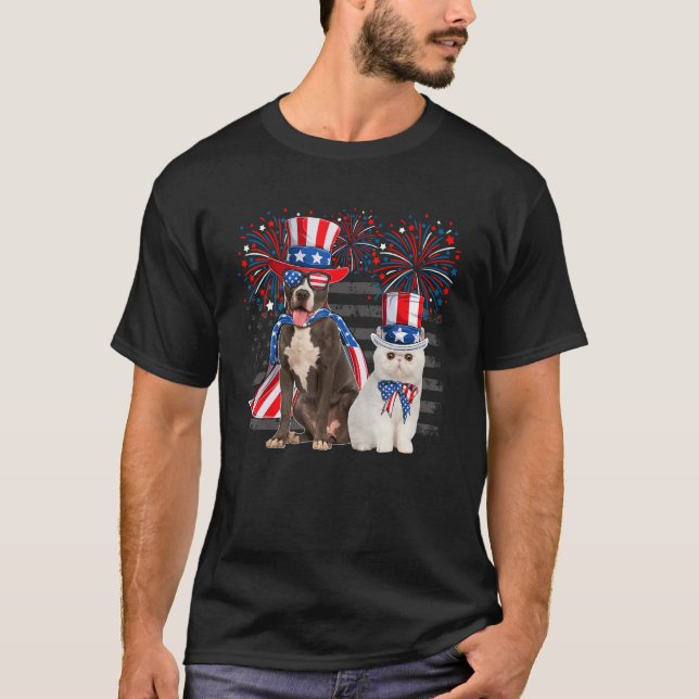 Katt med Pit Bull Sunglass Amerikanska Flagga 4:e T Shirt (Framsida)