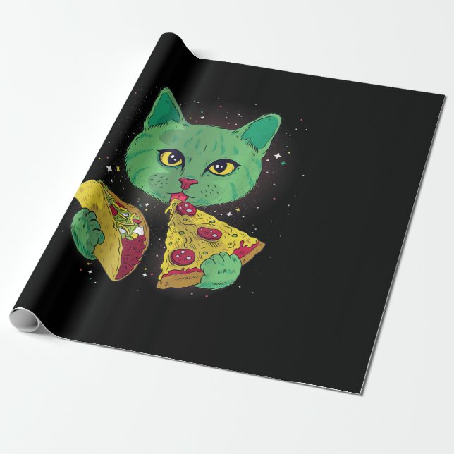 Katt med pizzasegment och tako i rymden presentpapper (Utrullad)