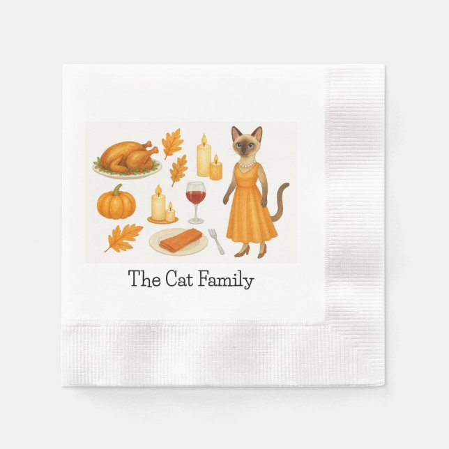 Katt med pumpa och kalkon för Thanksgiving Pappersservett (Framsidan)