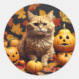 Katt med Pumpkins Sticker Runt Klistermärke