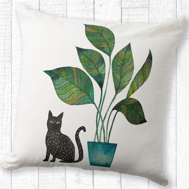 Katt med punkterad växtvattensfärg kudde (Watercolor cat and house plant pillow)
