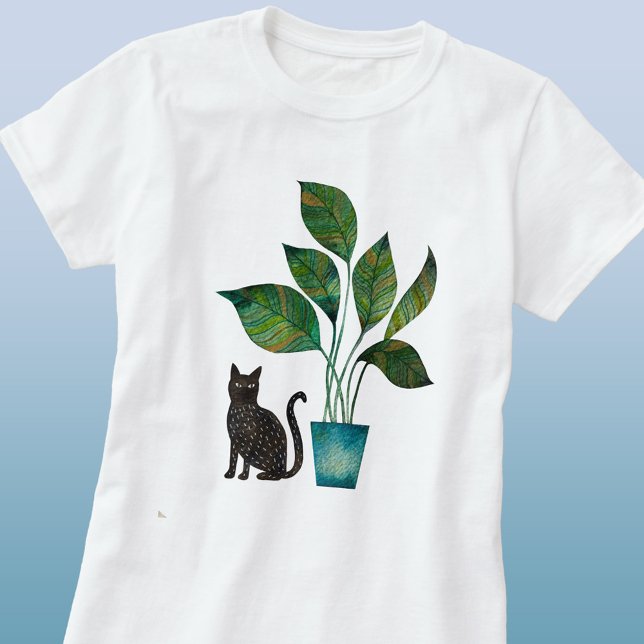Katt med punkterad växtvattensfärg t shirt (Cat with potted house plant watercolor art t-shirt)