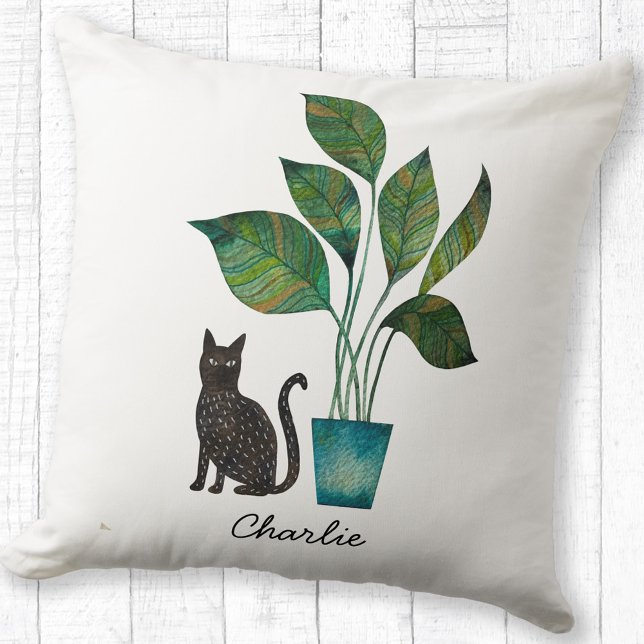 Katt med punkterad växtvattensfärgad Personlig Kudde (Cat with house plant personalized name watercolor art throw pillow)